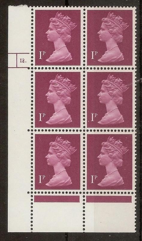 GB Machin 1p Plate Block MNH Cyl 12 dot