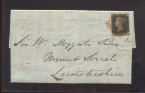 1840 Penny Black lettered GJ on cover. Missent to Leicester on red on front