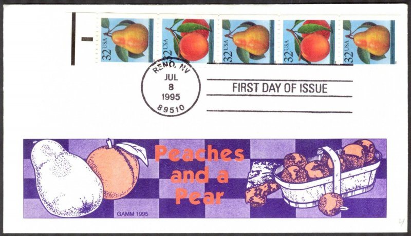 USA 1995 Mi.Nr. 2605/6 Fruits Peaches and Pear Strips of 5 diff. perf.  FDC 2 sc