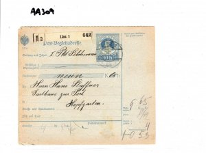 Austria-Hungary *Linz* 10h Begleitadresse *Hopfgarten* 1913 Parcel Card AA309