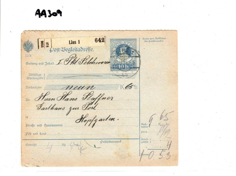 Austria-Hungary *Linz* 10h Begleitadresse *Hopfgarten* 1913 Parcel Card AA309