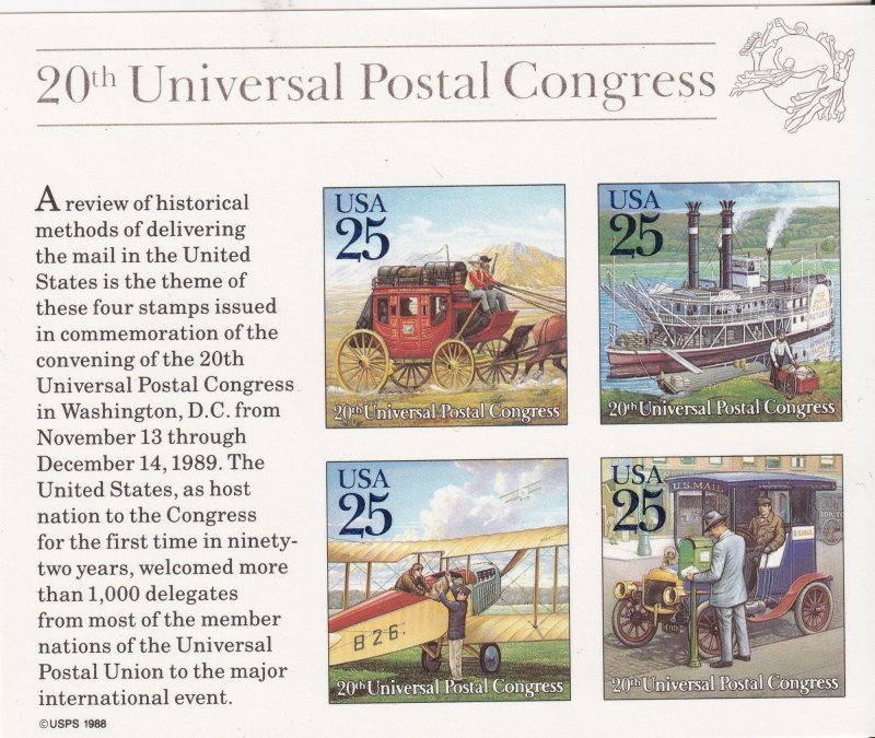 Sc# 2438 a-d U.S 20th UPU Congress 1989 S/S Souvenir sheet MNH CV $5.00