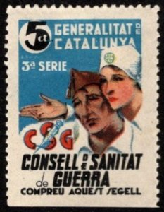 1937 Spain Civil War Poster Stamp  5 Centimos Catalonia War Health Council