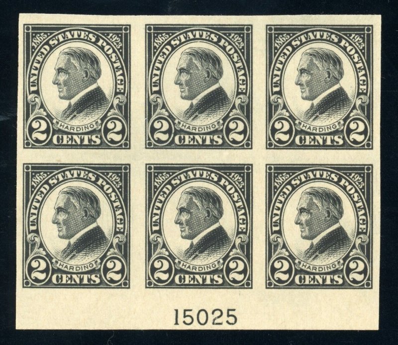 US Stamp #611 Warren G Harding 2c - Plate Block of 6 - MNH - CV $90.00