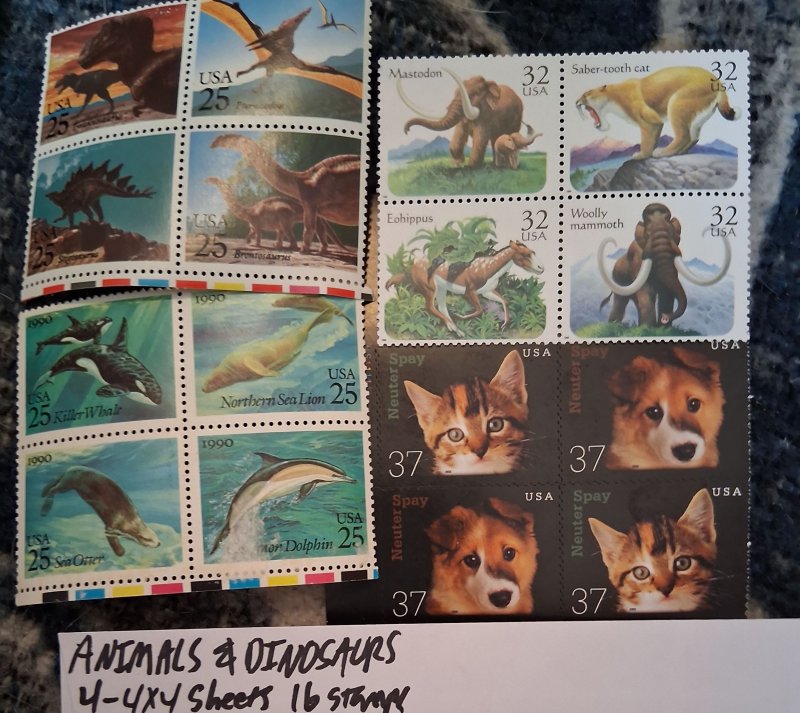 ANIMALS & DINOSAURS 4 4x4 Blocks 16 Stamps  USA Lot Unused MNH OG Low Price!