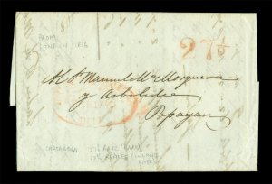 COLOMBIA 1836 LONDON to Popayan with CARTAGO DEBE(Cartagena) + 27½ reales RARE