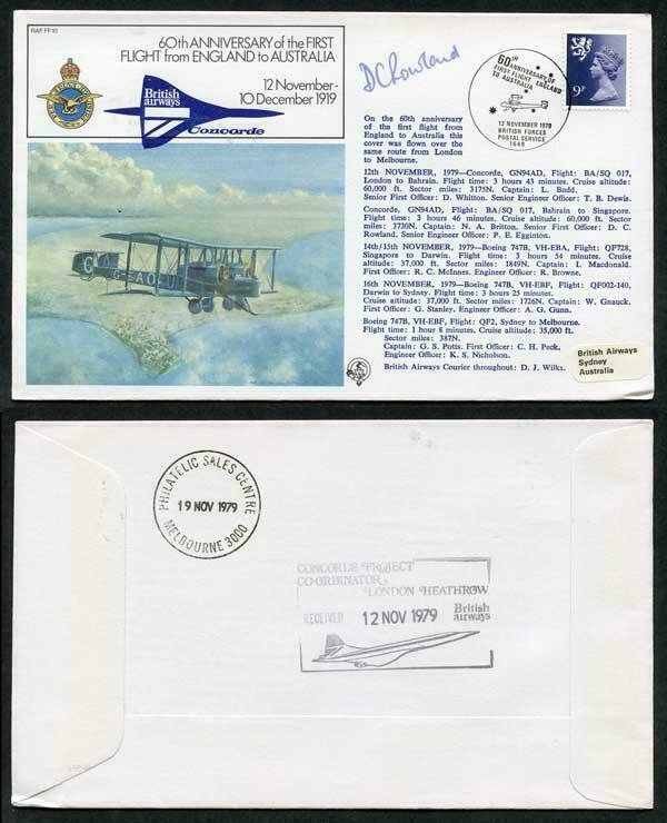 FF10b 60th Ann 1st Flight from England to Australia Signed by First Officer