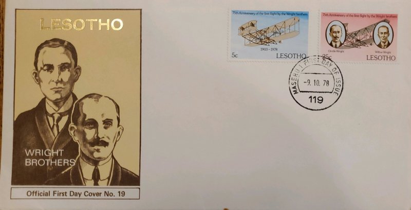 J) 1978 LESOTHO, AIRPLANE, WRIGHT BROTHERS, MULTIPLE STAMPS, FDC