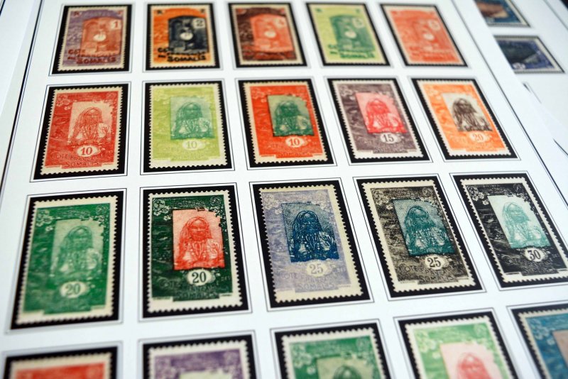 COLOR PRINTED SOMALI COAST 1894-1966 STAMP ALBUM PAGES (40 illustrated pages)
