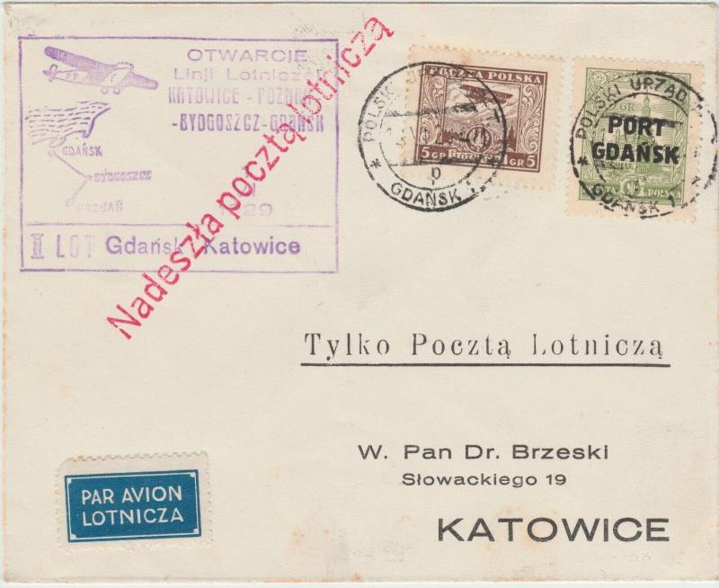 POLOGNE / POLAND 1929 (June 1) SCARCE 1st Air Mail Flight Cover GDANSK-KATOWICE