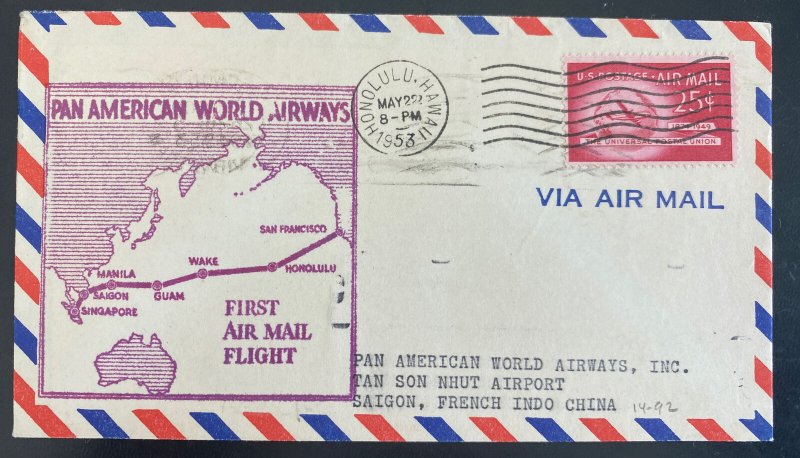 1953 Honolulu Hawaii First Flight Airmail Cover FFC To Saigon Vietnam Indo China