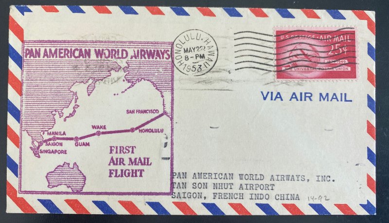 1953 Honolulu Hawaii First Flight Airmail Cover FFC To Saigon Vietnam Indo China 