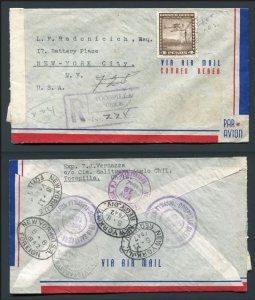 1942 Registered - Tocopilla, Chile to New York, NY USA - Good Backstamps!