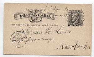 1884 Ridge OH manuscript postmark on postal card Noble DPO [h.4995]