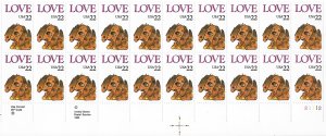 2202 MNH 22c. Love,  Partial Sheet of 20,  Free Insured Shipping,