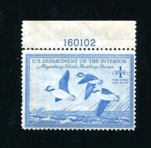 #RW15 Buffleheads 1948 US Federal Duck Stamp With Plate Number Tab MNH