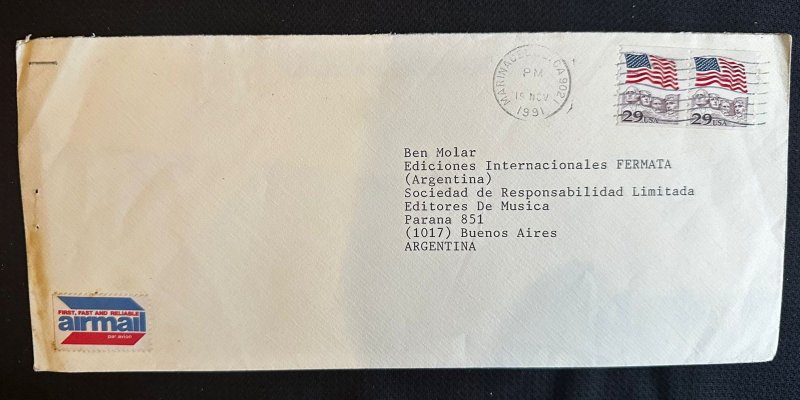 CM) 1991. UNITED STATES. AIR MAIL ENVELOPE SENT ARGENTINA. DOUBLE STAMP. XF