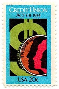 1984 Credit Union Act of 1934 Single20c Postage Stamp, Sc#2075, MNH, OG