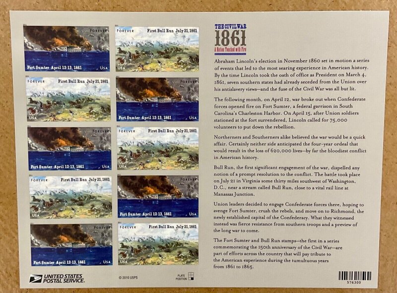 4522-4523   The Civil War 1861 Double-sided pane of 12  FV $7.56  issued 2011