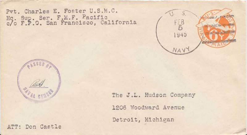 United States Marine Corps 6c Monoplane Air Envelope 1945 U.S. Navy, Headquar...