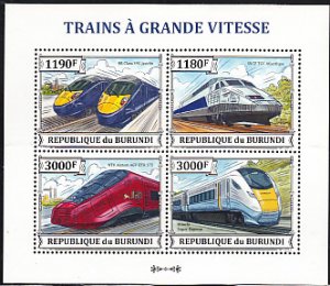 Burundi 2013 MNH Sc #1405 Sheet of 4 High-speed Trains