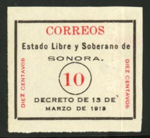 Mexico #328 Cat$35, 1913 10c black and red, without gum as issued