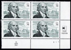 Scott #3545 James Madison Plate Block of 4 Stamps- MNH