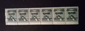 US #1031 Precancel Reading Pa Lower Pane ×6 Strip/Pais VF 1954