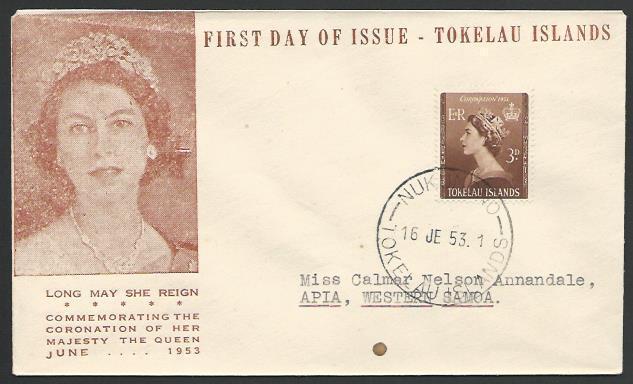 TOKELAU IS 1953 Coronation FDC NUKUNONO cds................................11491