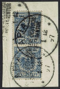 GERMANY USED IN SAMOA 1890 EAGLE 20PF PAIR ON PIECE APIA SAMOA POSTMARK