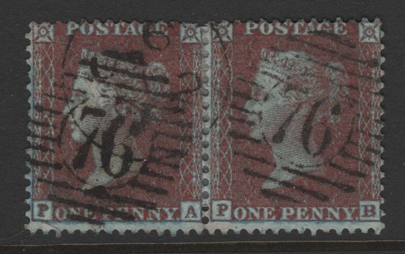 GB 1854 1d plum large crown perf 14 plate 19 PA-PB fine used pair sg31 Spec C6