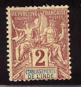 FRENCH INDIA  Scott 2 MH*1892 Thin, hinge remnat