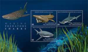 St. Vincent 2017 - Marine Predators, Sharks, Ocean - Sheet of 3 Stamps - MNH