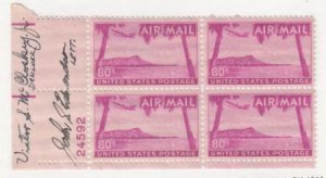 US 1952 C46 Plate block of 4 Signed by Designer; Diamond Head, Honolulu, Hawaii