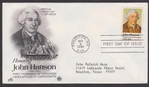 1941 John Hanson ArtCraft FDC with neatly typewritten address