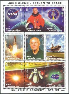 Mongolia 1998 - John Glenn Return to Space - Shuttle Discovery - Sheet of 9 MNH