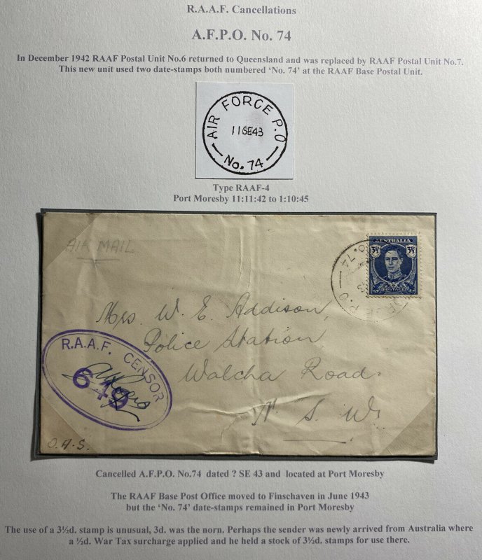 1943 Port Moresby Papua Guinea RAAF Censored Cover To Police Station Walcha