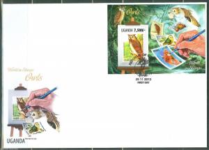 UGANDA 2013 STAMP ON STAMP MOTIF OWLS  SOUVENIR SHEET FIRST DAY COVER