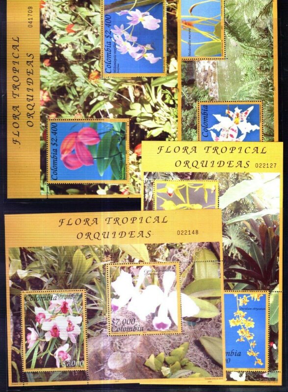 #1986 COLOMBIA 2003 FLORA FLOWERS ORCHIDS SOUVENIR SHEETS YV BL 52-52C MNH