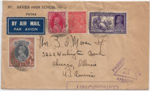 Patna, India to Chicago, IL 1940 Airmail Karachi Cens. H/S/ ty 1B1, sc 6 (C5552)