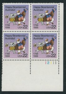 1988 Happy Bicentennial Australia! USA Plate Blk of 4 22c Stamps, Sc#2370, MNH