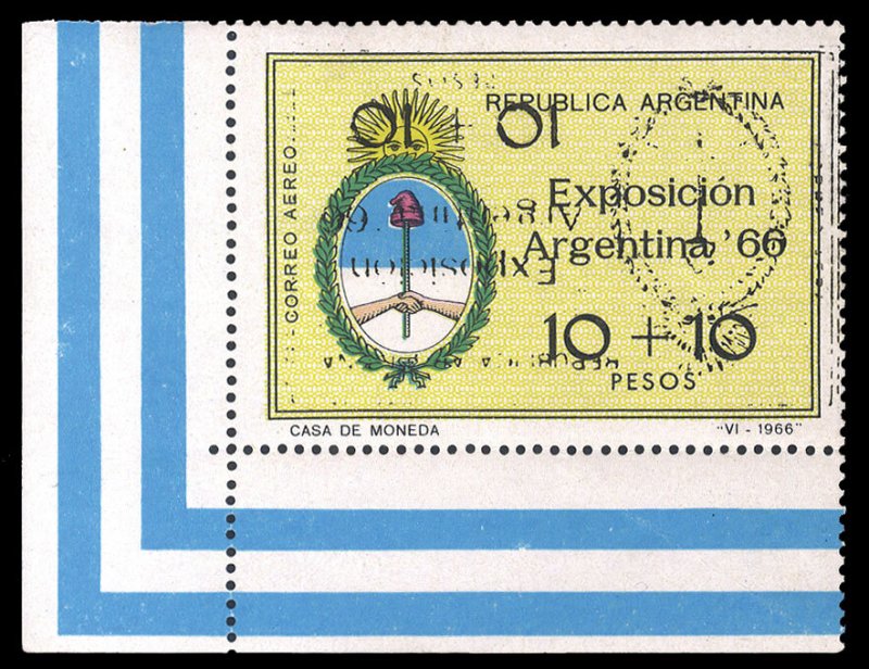 Argentina #CB37var, 1966 Exposition, 10p+10p lower left sheet corner margin s...