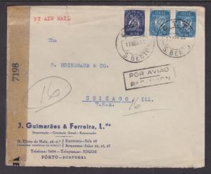 Portugal Sc 623, 626 on 1944 Censored Air Mail Cover to Chicago