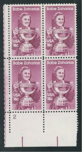 1981 Babe Zaharias Plate Block Of 4 18c Postage Stamps, Sc# 1932, MNH, OG