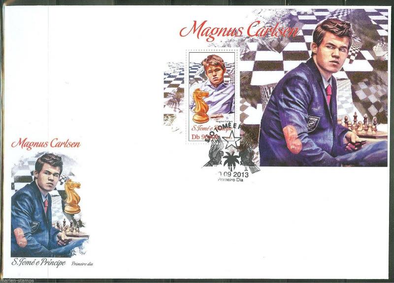 SAO TOME 2013  MAGNUS CARLSEN CHESS SOUVENIR SHEET  FIRST DAY COVER