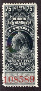 van Dam FWM40, 75c Black, used, 1897 Victoria, red control #, Canada Weights