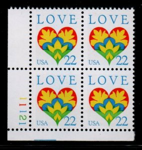 1987 Love Issue Plate Block of 4 22c Postage Stamps, Sc# 2248, MNH, OG