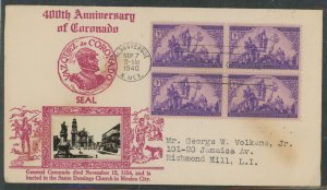 US 898 (1940) 3c Coronado Expedition/400th Anniversary (block of four) on an addressed (typed) First Day cover with a Crosby pho