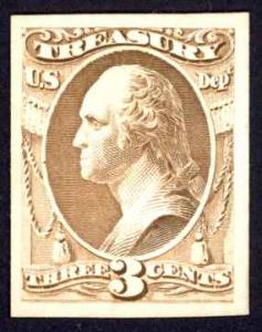 USA Sc# O74P4 PROOF (plate on card) 1873 3¢ brown Official Treasury