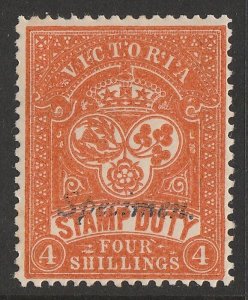 VICTORIA 1884 Crown & Arms 4/- red-orange Stamp Duty Specimen